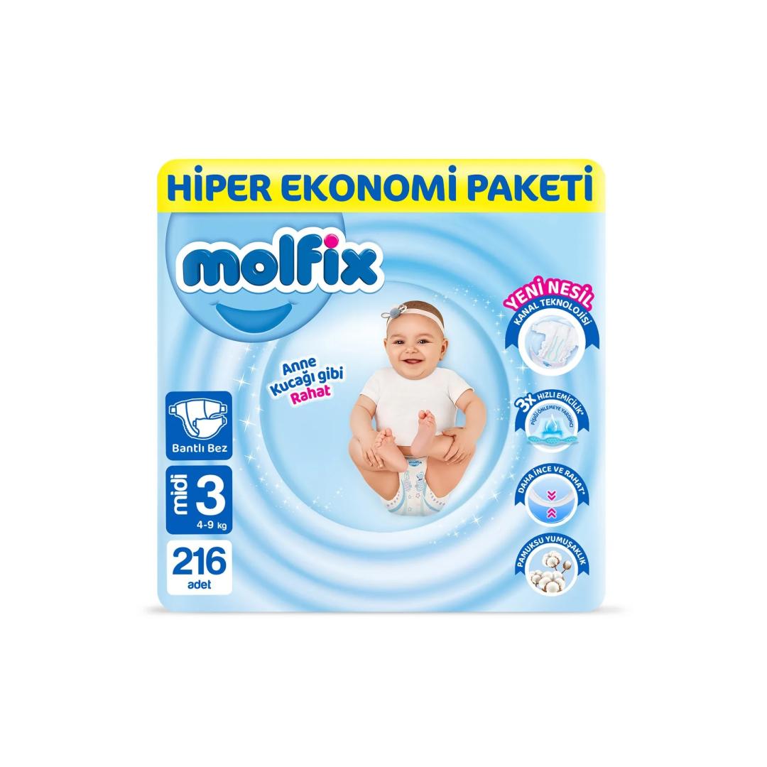 Molfix Bebek Bezi 3 Beden Midi Hiper Eko Paketi 216 Adet